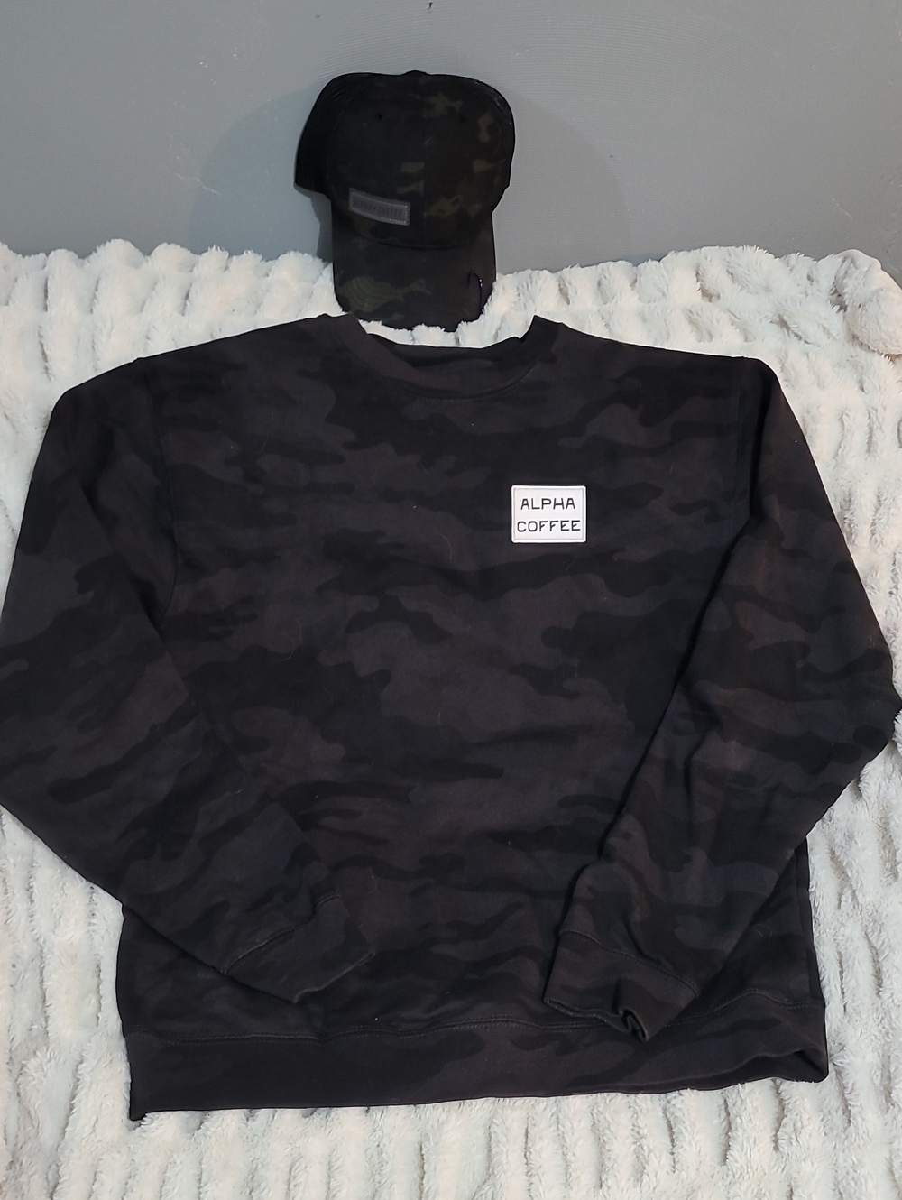 Men's Black Camo Crewneck Sweater With Matching Camo Trucker Hat